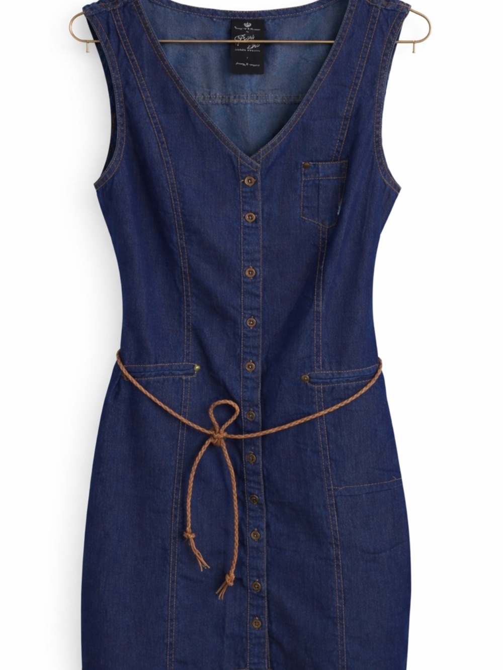 🌾 POINT ZERO Sleeveless Denim Dress Cottagecore Layering Rope Tie Waist Sz 11 L - Picture 3 of 3